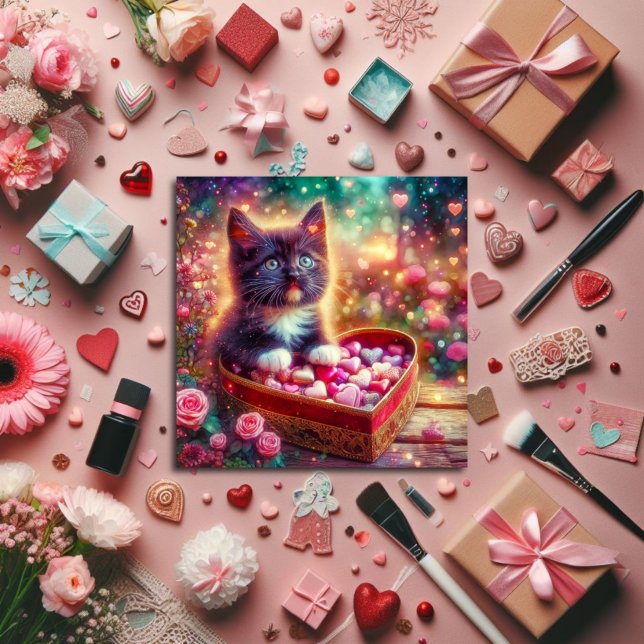 Tarjeta Festiva Floral rosa Tuxedo Kitten Fantasía cardíaca San Va (Subido por el creador)