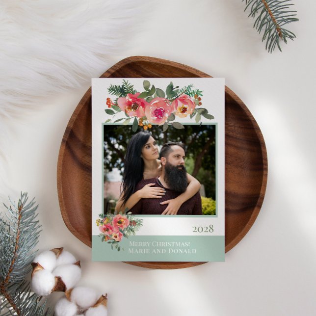 Tarjeta Festiva Floral verde roja añade tus propios Navidades de f (Subido por el creador)