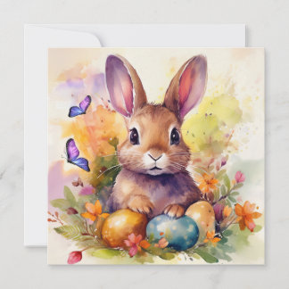 Tarjeta Festiva Floral Watercolor Cute Semana Santa Bunny
