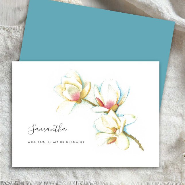 Tarjeta Festiva Floral White Magnolia Acuarela Cuadros de la dama  (Bridesmaid proposal cards watercolor magnolia flowers art by Victoria Grigaliunas)
