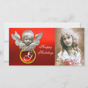 Tarjeta Festiva FLORENTINE RENAISSANCE ANGEL Red Ruby Gem Monogram