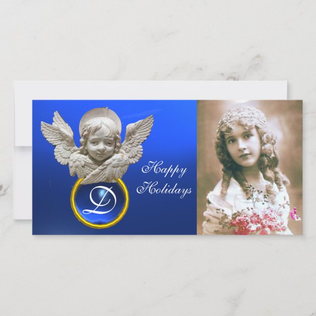 Tarjeta Festiva FLORENTINE RENAISSANCE ANGEL Sapphire Gem Monogram (Anverso)