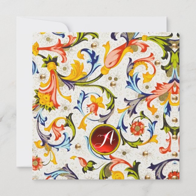 TARJETA FESTIVA FLORENTINE RENAISSANCE FLORAL SWIRLS GEM MONOGRAM (Anverso)