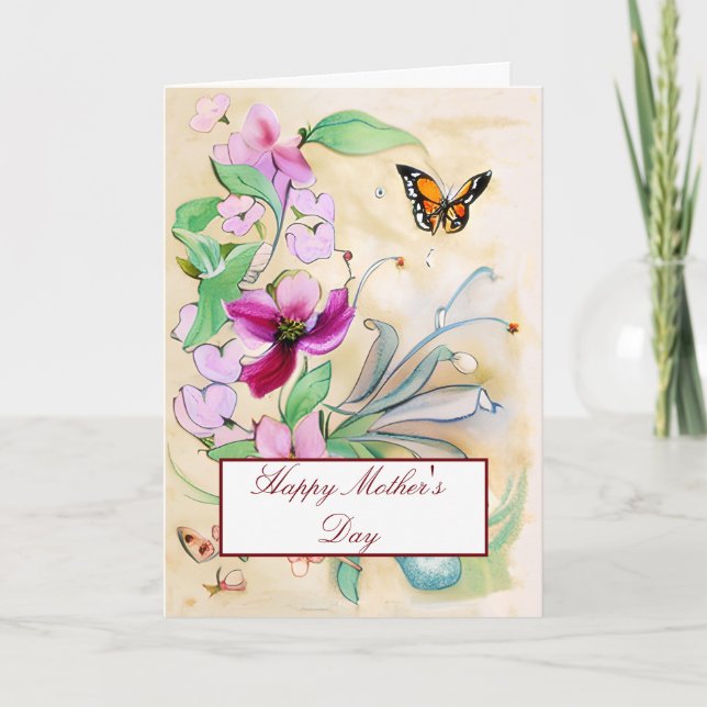 Tarjeta Festiva Flores acuarelas y mariposa Día de la Madre (Anverso)