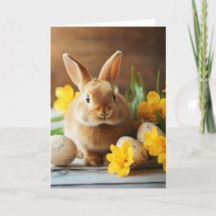 Tarjeta Festiva Flores amarillas conejito de Pascua