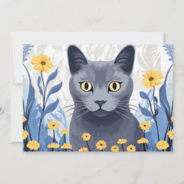 Tarjeta Festiva Flores amarillas de gato azul ruso