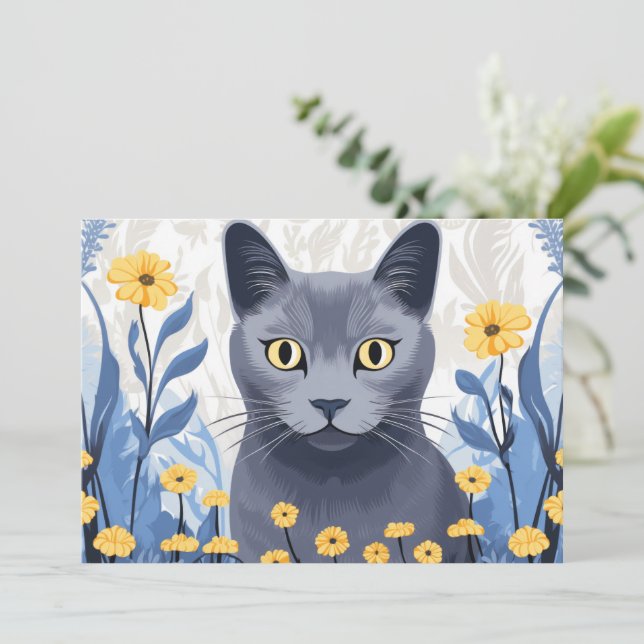 Tarjeta Festiva Flores amarillas de gato azul ruso (Anverso de pie)