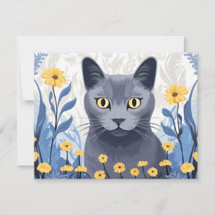 Tarjeta Festiva Flores amarillas de gato azul ruso