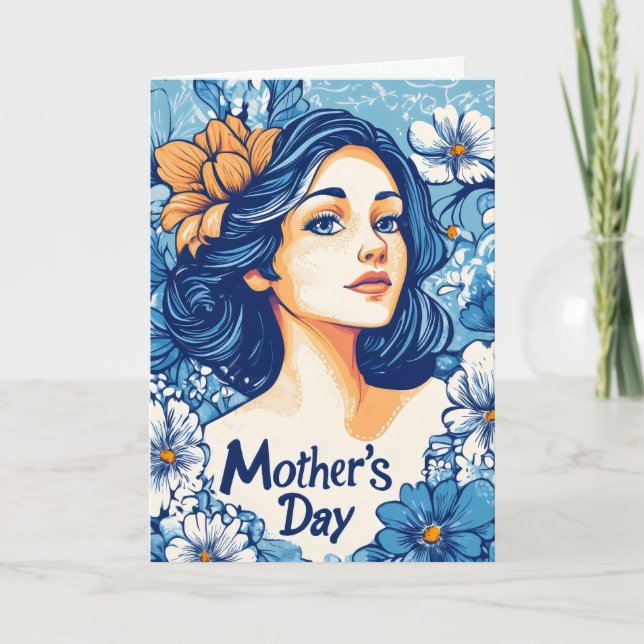 Tarjeta Festiva Flores azules del día de la madre (Anverso)