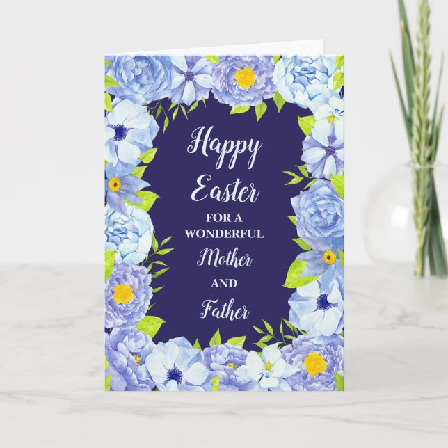 Tarjeta Festiva Flores azules felices Pascua y madre y padre (Anverso)