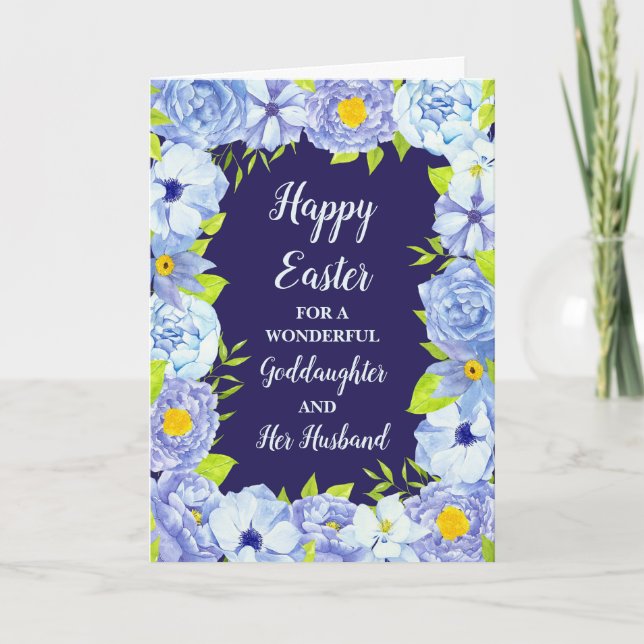 Tarjeta Festiva Flores azules Feliz Diosa de Pascua y Esposo (Anverso)