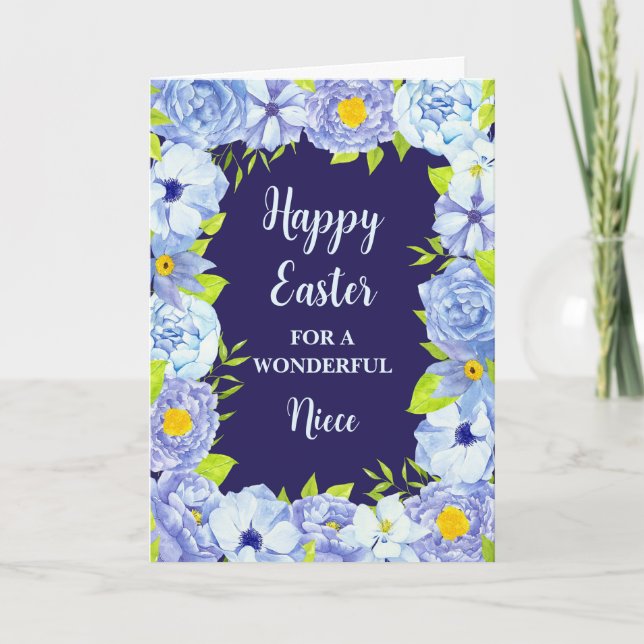 Tarjeta Festiva Flores azules Feliz Noche de Pascua (Anverso)