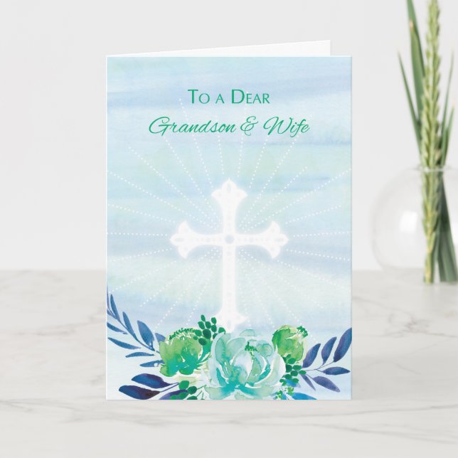Tarjeta Festiva Flores azules verde azuladas del nieto y de la (Anverso)