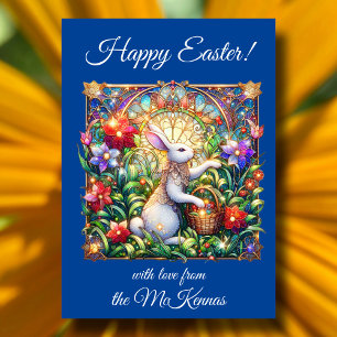Tarjeta Festiva Flores Azules Vidrio Manchado de Conejo de Pascua