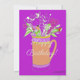 Tarjeta Festiva Flores Coloridas de Feliz Cumpleaños en Taza