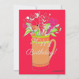 Tarjeta Festiva Flores Coloridas de Feliz Cumpleaños en Taza