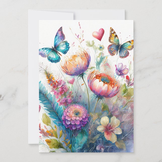 Tarjeta Festiva Flores, corazones y mariposas (Anverso)
