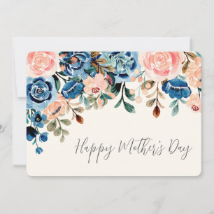 Tarjeta Festiva Flores de acuarela rosadas y azules para el Día de