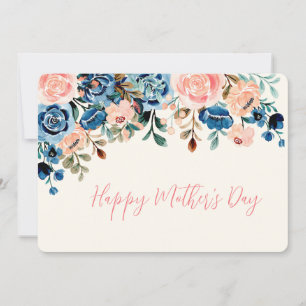 Tarjeta Festiva Flores de acuarela rosadas y azules para el Día de