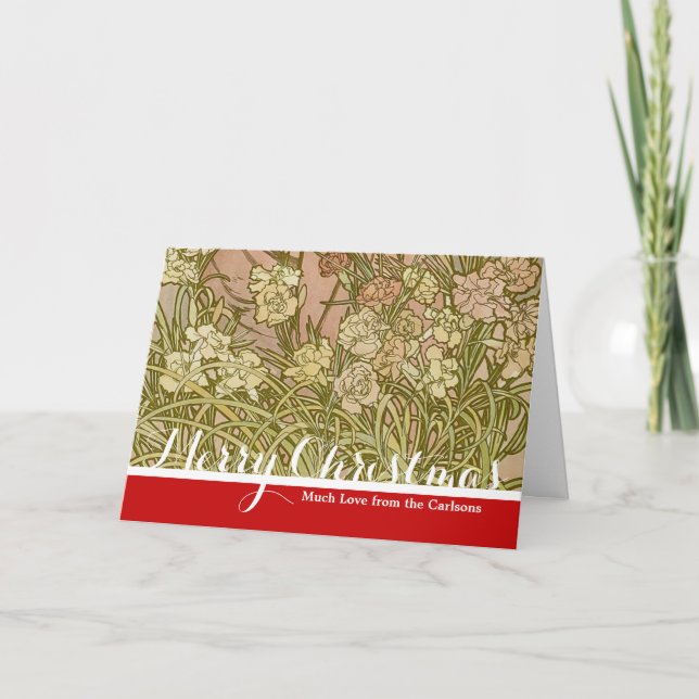 Tarjeta Festiva Flores de clavel floral Art Nouveau Alfonse Mucha (Anverso)