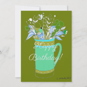 Tarjeta Festiva Flores de cumpleaños felices y coloridas en taza d