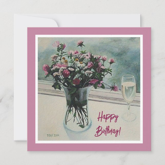 Tarjeta Festiva Flores de cumpleaños pintadas de arte fino (Anverso)