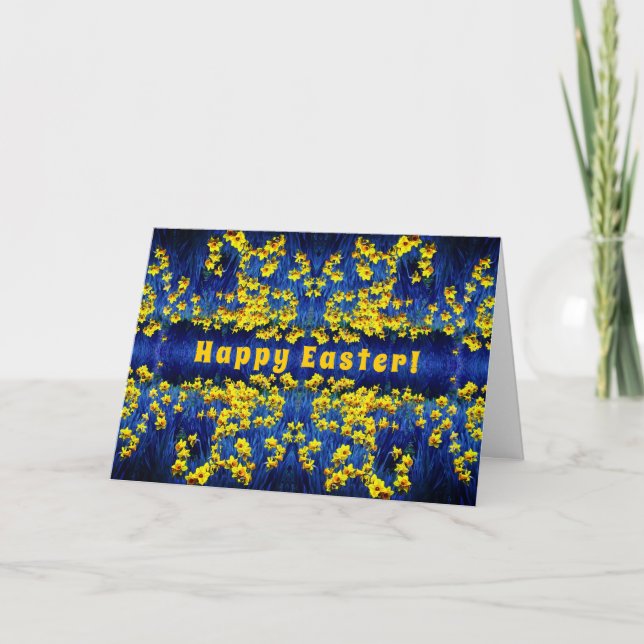 Tarjeta Festiva Flores de Daffodil Primavera Huevo de Pascua Azul  (Anverso)
