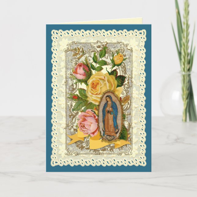 Tarjeta Festiva Flores de Guadalupe religiosas Cumpleaños Católico (Anverso)