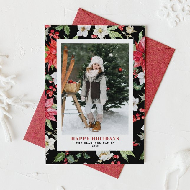 Tarjeta Festiva Flores de invierno festivas Patrón de foto negra (Festive Winter Flowers Pattern Black Photo Happy Holidays Card)