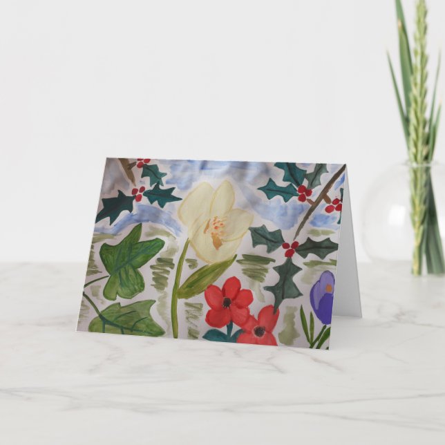 Tarjeta Festiva Flores de invierno y Holly (Anverso)