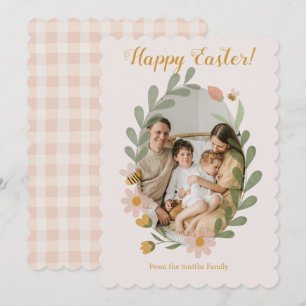 Tarjeta Festiva Flores de manantial de agua rosadas Gingham