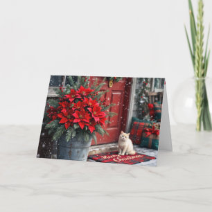 Tarjeta Festiva Flores de Nochebuena y gato blanco en felpudo