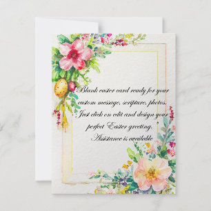 Tarjeta Festiva flores de Pascua y marco de huevos en blanco