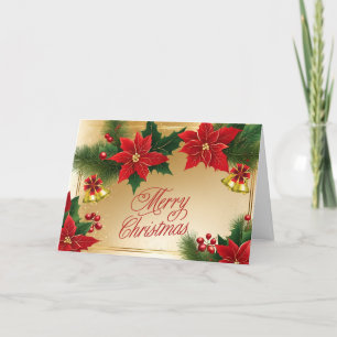 Tarjeta Festiva Flores de poinsettia roja navideña, campanas