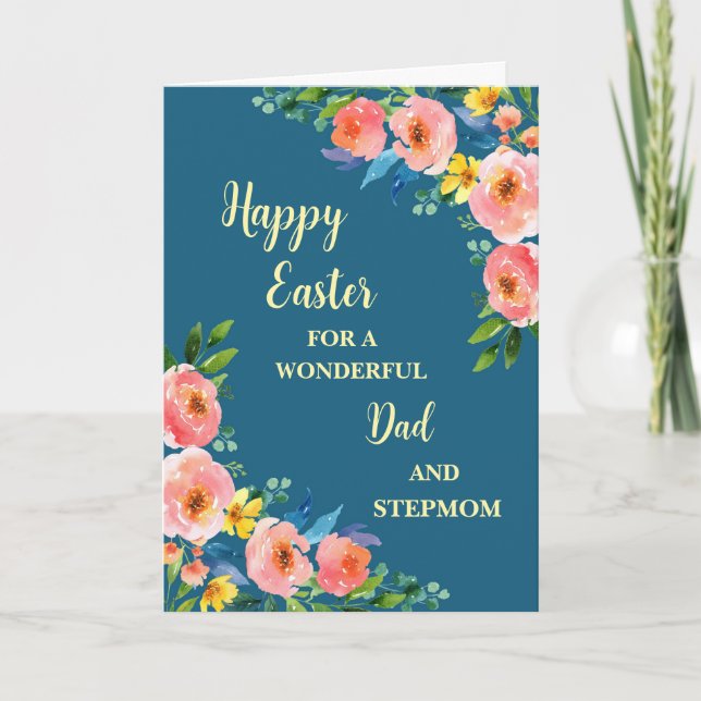 Tarjeta Festiva Flores de primavera: feliz padre de Pascua y madra (Anverso)