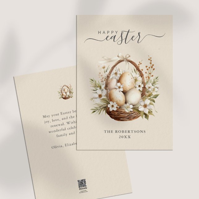 Tarjeta Festiva Flores de primavera huevos Pastel Feliz Saludo de  (Spring Flowers Eggs Pastel Happy Easter Greeting Holiday Card on a neutral table.)