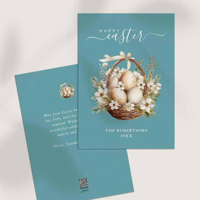 Tarjeta Festiva Flores de primavera huevos Verde azulados Feliz sa (Spring Flowers Eggs Teal Happy Easter Greeting Holiday Card on white table.)