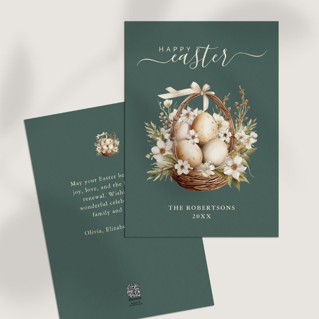 Tarjeta Festiva Flores de primavera huevos verde salva feliz Pascu (Spring Flowers Eggs Sage Green Happy Easter Holiday Card on a white table.)