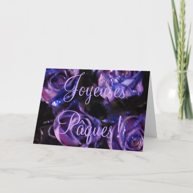 Tarjeta Festiva Flores de Rosas Púrpura de Pascua Francesa (Anverso)