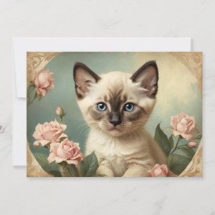 Tarjeta Festiva Flores dulces de retrato de gatito de color blanco