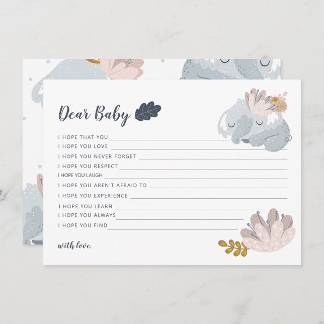 Tarjeta Festiva Flores elefantes blanquecinas desean un bebé (Anverso / Reverso)