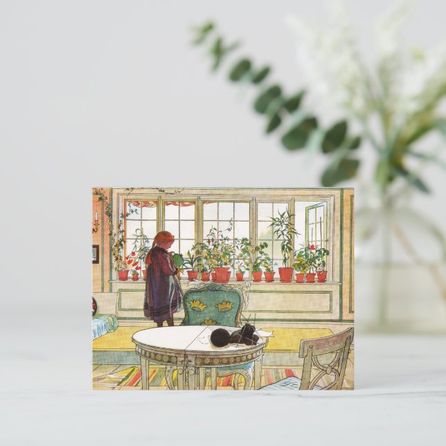 Tarjeta Festiva Flores en el Windowsill por Carl Larsson (Anverso de pie)