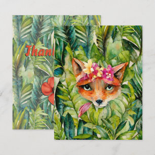 Tarjeta Festiva Flores Fox de color de agua y hojas verdes gracias