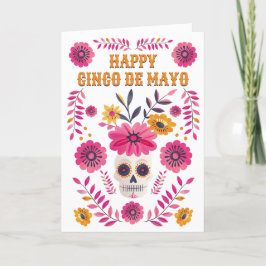Tarjeta Festiva Flores mexicanas de cráneo de azúcar felices Cinco