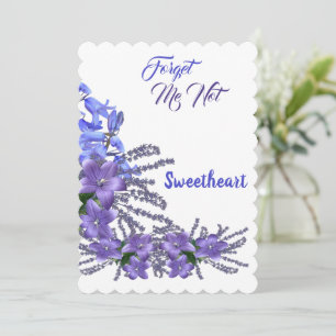 Tarjeta Festiva Flores moradas azules me olvidan no San Valentín