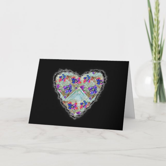 Tarjeta Festiva Flores moradas y azules cuadrados Zigzags (Anverso)
