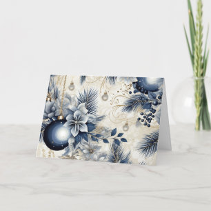 Tarjeta Festiva Flores Navideñas Vintage Azules