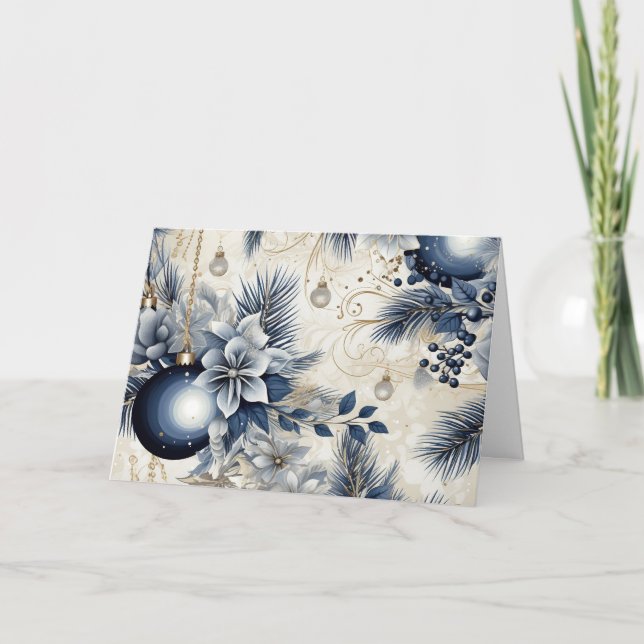 Tarjeta Festiva Flores Navideñas Vintage Azules (Anverso)