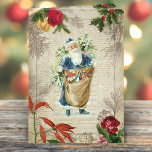 Tarjeta Festiva Flores, pino y música rústica vintage<br><div class="desc">Padres navideños de alegre color azul sobre el fondo de la música y la escritura con el borde rústico de la rama de abedul grabado,  pino grabado,  rosas,  poinsettia y holly sobre el angustiado fondo del pergamino sepia.</div>