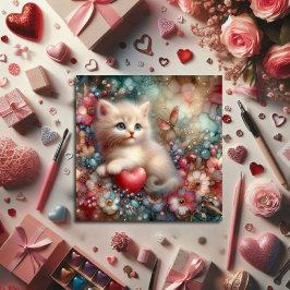 Tarjeta Festiva Flores Purpurinas De Pastel Y San Valentín De Gati